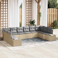 vidaXL Set Divano da Giardino da 10 Pezzi con Cuscini Beige Polyrattan