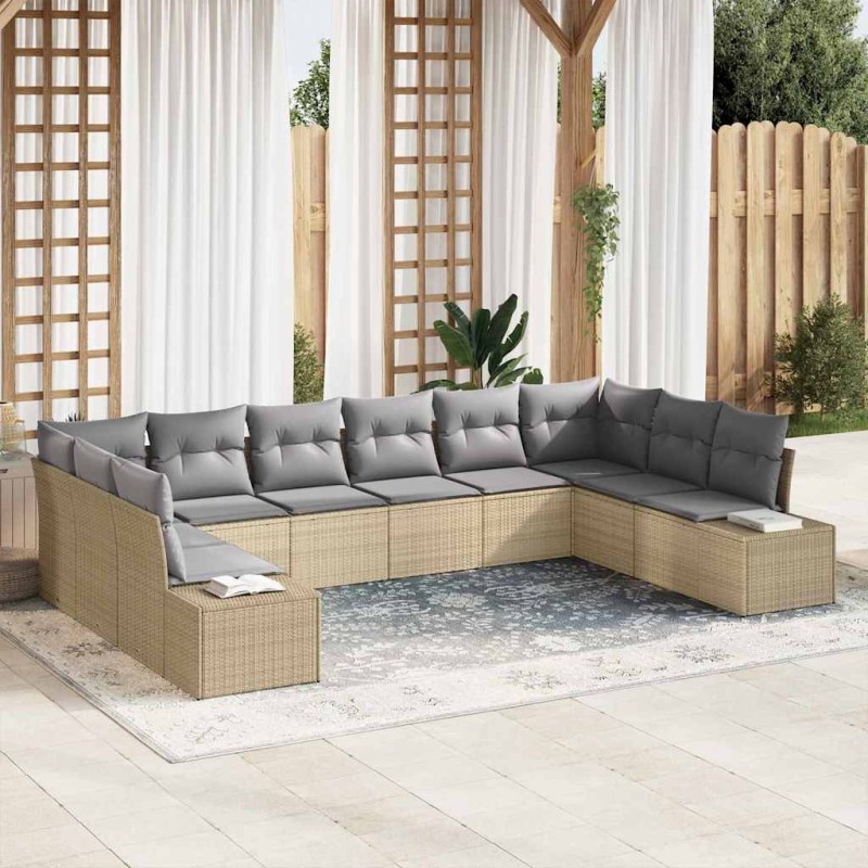 vidaXL Set Divano da Giardino da 10 Pezzi con Cuscini Beige Polyrattan