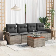 vidaXL Set di divani da giardino 5 pezzi con cuscini grigi in polirattan e legno di acacia.