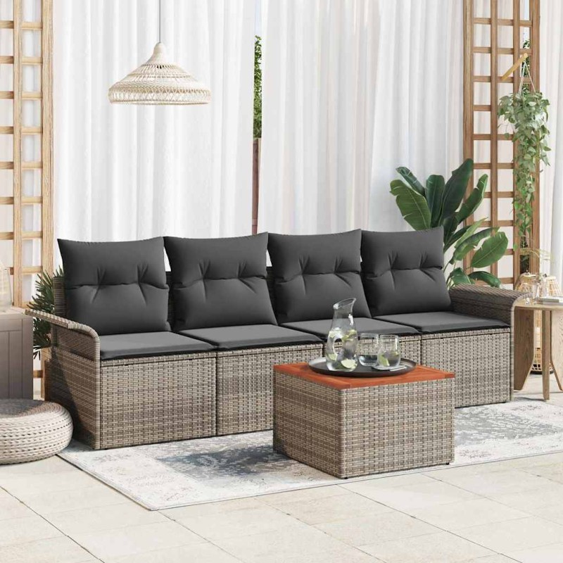 vidaXL Set di divani da giardino 5 pezzi con cuscini grigi in polirattan e legno di acacia.