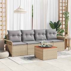 vidaXL Set di divani da giardino 5 pezzi con cuscini in polirattan beige e acacia.
