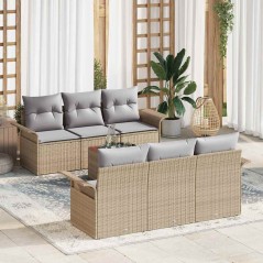 vidaXL Set divani da giardino 7 pezzi con cuscini beige in polyrattan e acacia