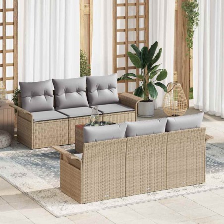 vidaXL Set divani da giardino 7 pezzi con cuscini beige in polyrattan e acacia