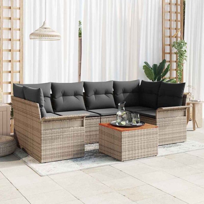 vidaXL Set di divani da giardino in 7 pezzi con cuscini in polyrattan grigio e legno di acacia