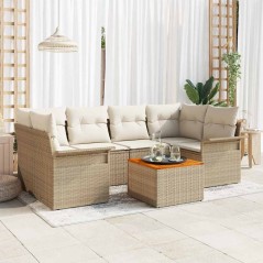 vidaXL Set di divani da giardino da 7 pezzi con cuscini beige in polirattan e acacia