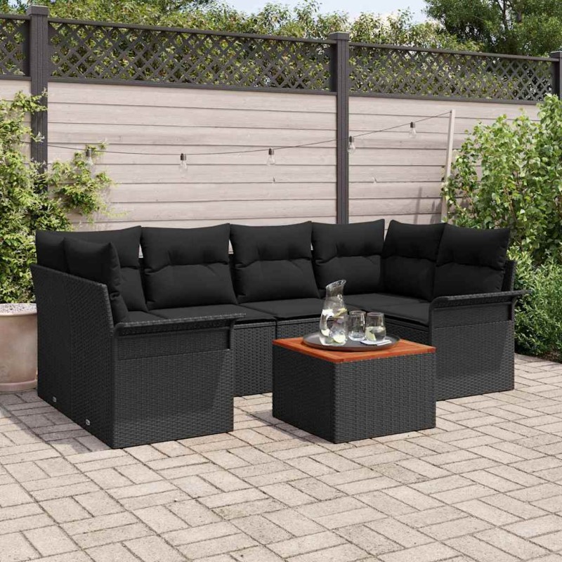 vidaXL Set giardino 7 pezzi con cuscini in rattan nero, polyrattan, acacia.
