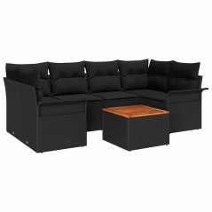 vidaXL Set giardino 7 pezzi con cuscini in rattan nero, polyrattan, acacia.