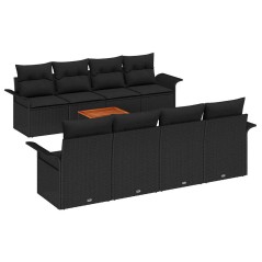 vidaXL Set di divani da giardino da 9 pezzi con cuscini in polirattan nero e legno di acacia.