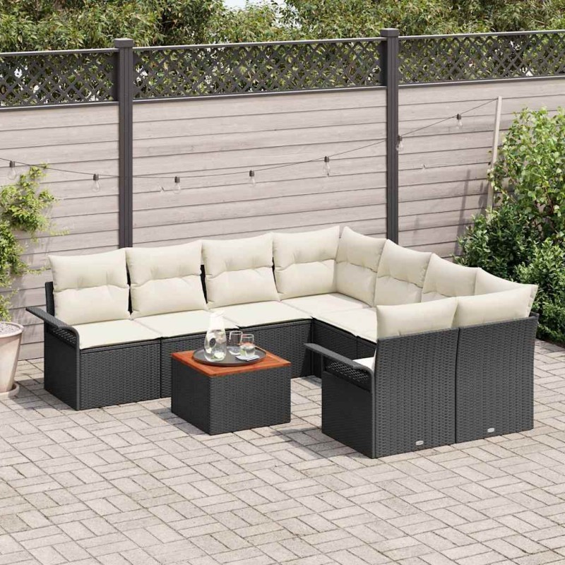 vidaXL Set di divani da giardino 9 pezzi con cuscini neri in rattan sintetico e legno di acacia.