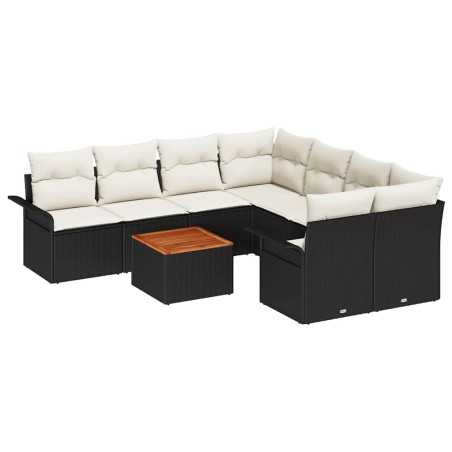 vidaXL Set di divani da giardino 9 pezzi con cuscini neri in rattan sintetico e legno di acacia.