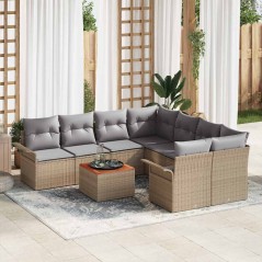 vidaXL Set da giardino con 9 pezzi e cuscini in polyrattan beige e acacia.