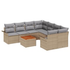 vidaXL Set da giardino con 9 pezzi e cuscini in polyrattan beige e acacia.