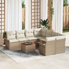 vidaXL Set da giardino di 9 pezzi con cuscini beige in rattan poliestere e legno di acacia.