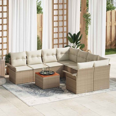 vidaXL Set da giardino di 9 pezzi con cuscini beige in rattan poliestere e legno di acacia.