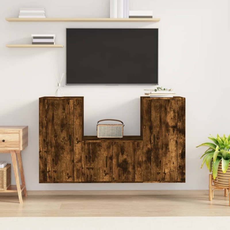 Set Mobili Porta TV 3 pz Rovere Fumo in Legno Multistrato Set Mobili Porta TV 3 pz Rovere Fumo in Legno Multistrato