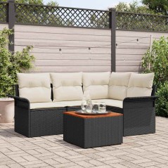 vidaXL Set di divano da giardino in 5 pezzi con cuscini in rattan nero e legno di acacia