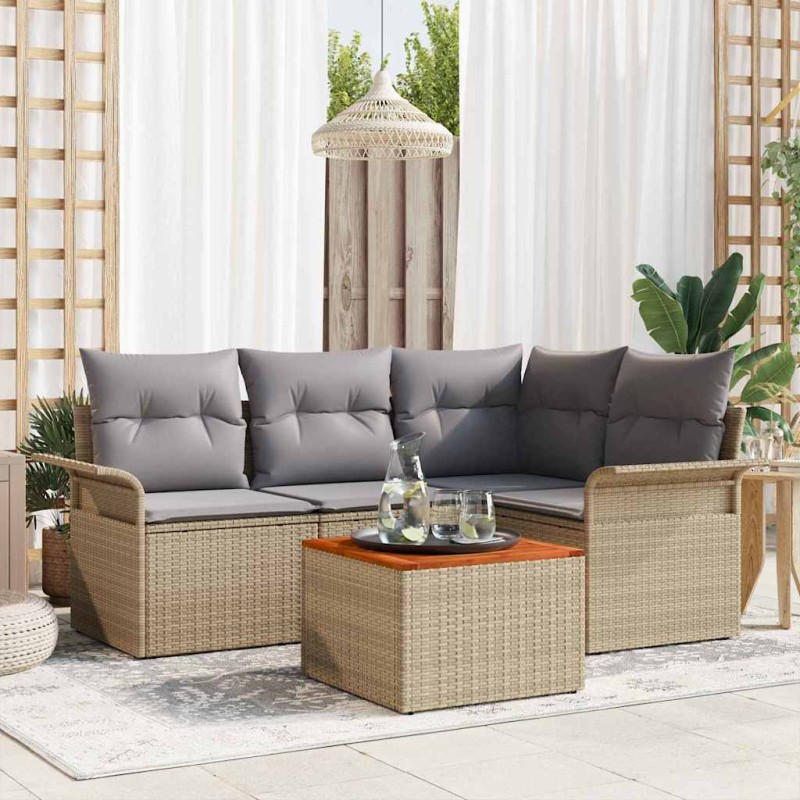 vidaXL Set giardino 5 pezzi con cuscini beige in rattan sintetico e legno di acacia.