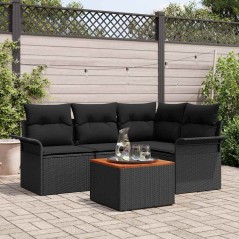 vidaXL Set Divano da Giardino 5 Pezzi con Cuscini Neri in Rattan Sintetico e Acacia