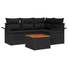 vidaXL Set Divano da Giardino 5 Pezzi con Cuscini Neri in Rattan Sintetico e Acacia
