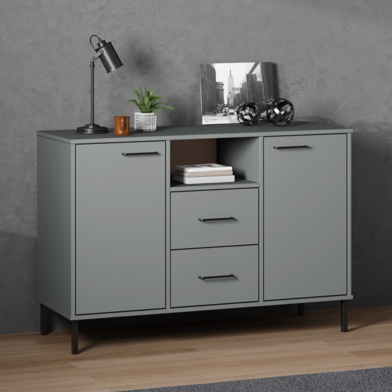 Credenza Gambe Metallo Grigio 113x40x77 cm Legno Massello OSLO Credenza Gambe Metallo Grigio 113x40x77 cm Legno Massello OSLO