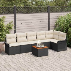 vidaXL Set Divano da Giardino 7 Pezzi con Cuscini Neri in Rattan Polietilene e Legno di Acacia