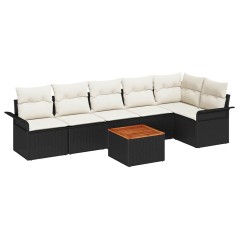 vidaXL Set Divano da Giardino 7 Pezzi con Cuscini Neri in Rattan Polietilene e Legno di Acacia