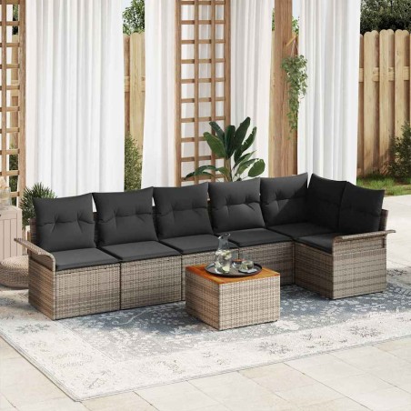 vidaXL Set di divani da giardino 7 pezzi con cuscini grigi in polyrattan e legno di acacia.
