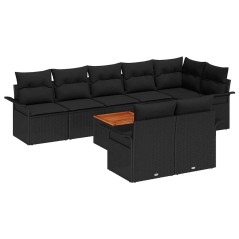 vidaXL Set di Divani da Giardino 9 Pezzi con Cuscini in Poly Rattan Nero e Legno di Acacia