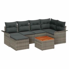 vidaXL Set da Giardino con 7 pezzi e cuscini grigi in rattan sintetico e tavolo in acacia