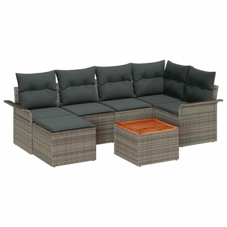 vidaXL Set da Giardino con 7 pezzi e cuscini grigi in rattan sintetico e tavolo in acacia