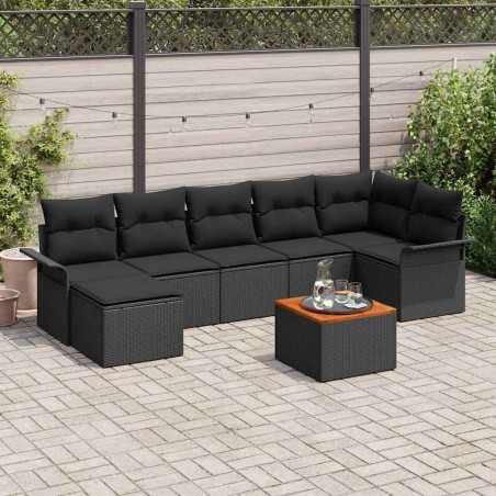 vidaXL Set da giardino 8 pezzi con cuscini in poli rattan nero e legno di acacia