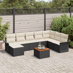 vidaXL Set divano da giardino 9 pezzi con cuscini in rattan nero e legno di acacia