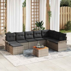 vidaXL Set Divani da Giardino 9 Pezzi con Cuscini Grigi in Polyrattan e Acacia
