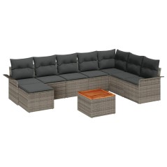 vidaXL Set Divani da Giardino 9 Pezzi con Cuscini Grigi in Polyrattan e Acacia