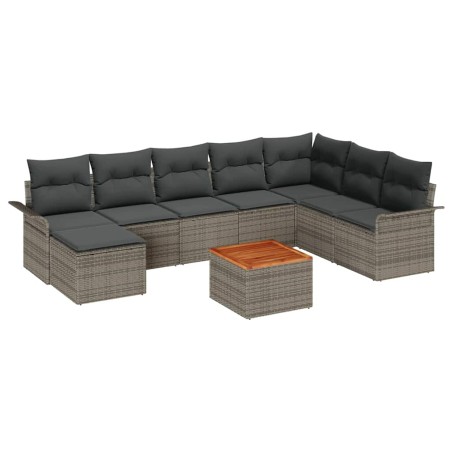 vidaXL Set Divani da Giardino 9 Pezzi con Cuscini Grigi in Polyrattan e Acacia
