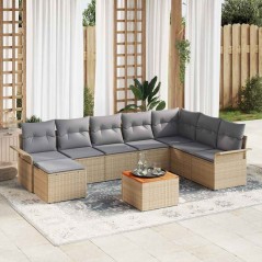 vidaXL Set da giardino 9 pezzi con cuscini beige in polyrattan e legno di acacia.