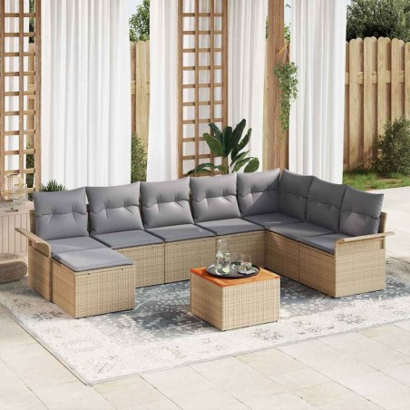 vidaXL Set da giardino 9 pezzi con cuscini beige in polyrattan e legno di acacia.
