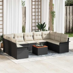 vidaXL Set da giardino di 10 pezzi con cuscini, rattan sintetico nero e legno d'acacia.