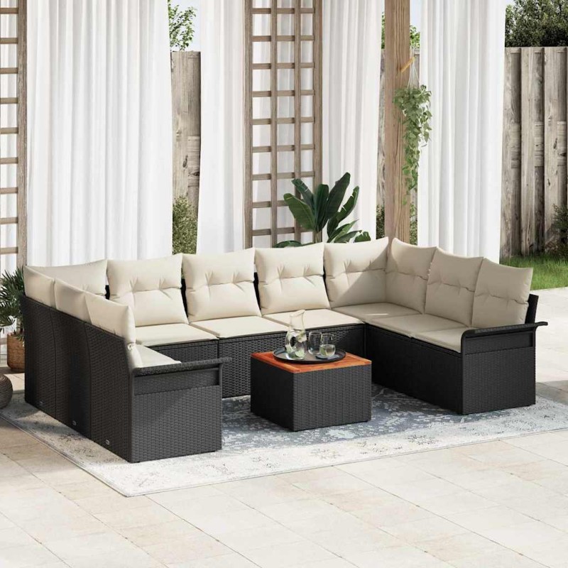 vidaXL Set da giardino di 10 pezzi con cuscini, rattan sintetico nero e legno d'acacia.