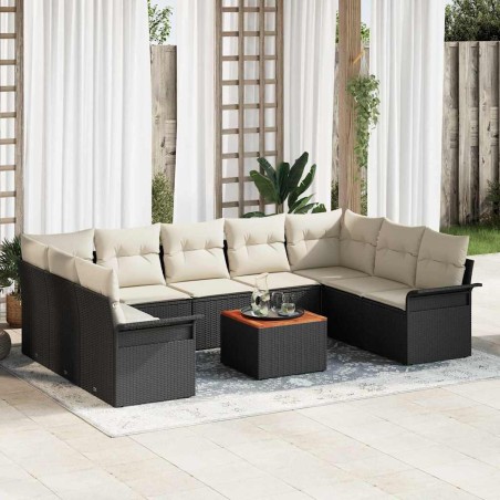 vidaXL Set da giardino di 10 pezzi con cuscini, rattan sintetico nero e legno d'acacia.