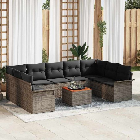vidaXL Set da divano da giardino 10 pezzi con cuscini grigi in polyrattan e legno di acacia