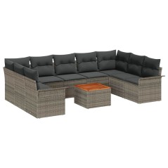 vidaXL Set da divano da giardino 10 pezzi con cuscini grigi in polyrattan e legno di acacia
