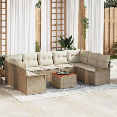 vidaXL Set di divani da giardino in polyrattan beige, 10 pezzi, con cuscini e legno di acacia.