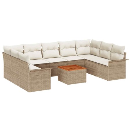 vidaXL Set di divani da giardino in polyrattan beige, 10 pezzi, con cuscini e legno di acacia.