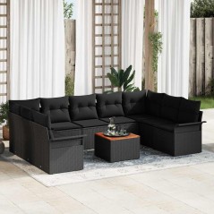 vidaXL Set da divano da giardino 10 pezzi con cuscini in rattan nero e acacia.