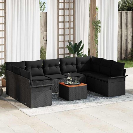 vidaXL Set da divano da giardino 10 pezzi con cuscini in rattan nero e acacia.