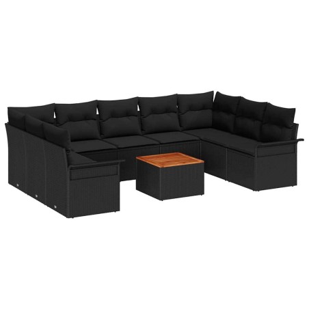 vidaXL Set da divano da giardino 10 pezzi con cuscini in rattan nero e acacia.
