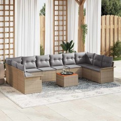 vidaXL Set di divani da giardino 11 pezzi con cuscini in rattan poly beige e legno di acacia.
