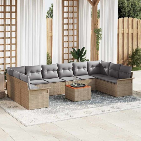 vidaXL Set di divani da giardino 11 pezzi con cuscini in rattan poly beige e legno di acacia.