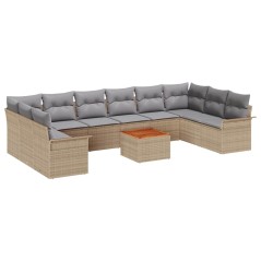 vidaXL Set di divani da giardino 11 pezzi con cuscini in rattan poly beige e legno di acacia.